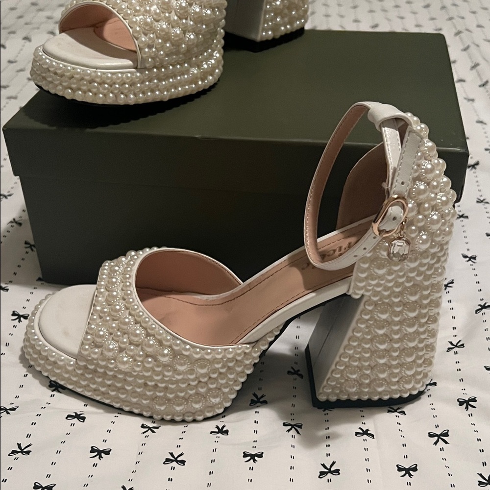 Pearl Embellished White Platform Sandals with Ankle Strap - Picture 3 of 8